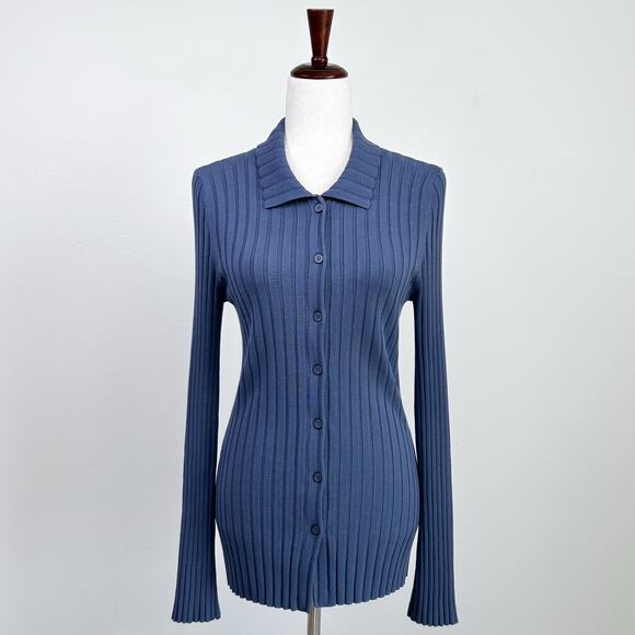 Nordstrom Open Edit Blue Rib Knit Collar Button-Up Long Sleeve Top - Picture 1 of 11